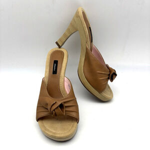 Vintage 00s Y2K Xhilaration Tan Faux Leather Wooden Block Heel Open Toe Pumps 8